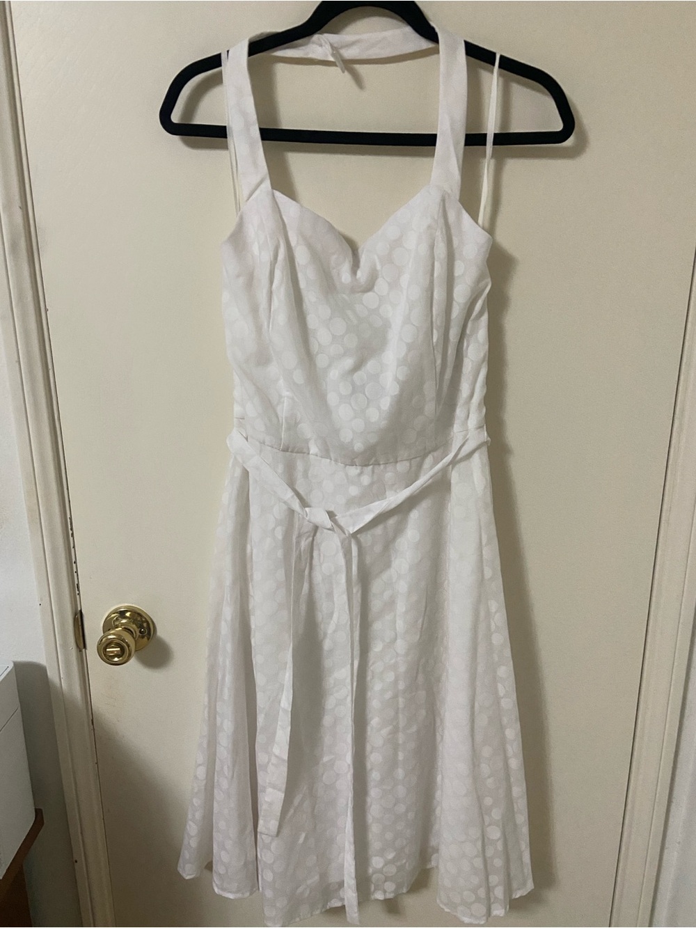 White Polka-Dot Halter Midi Dress with Tie Waist